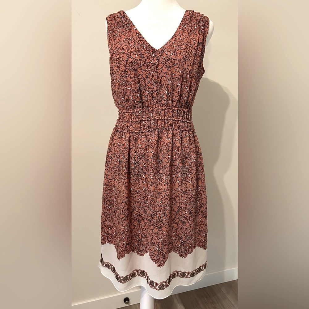 Max Studio Clay Orange and  Cream Floral Smocked Waist lined Dress Size S